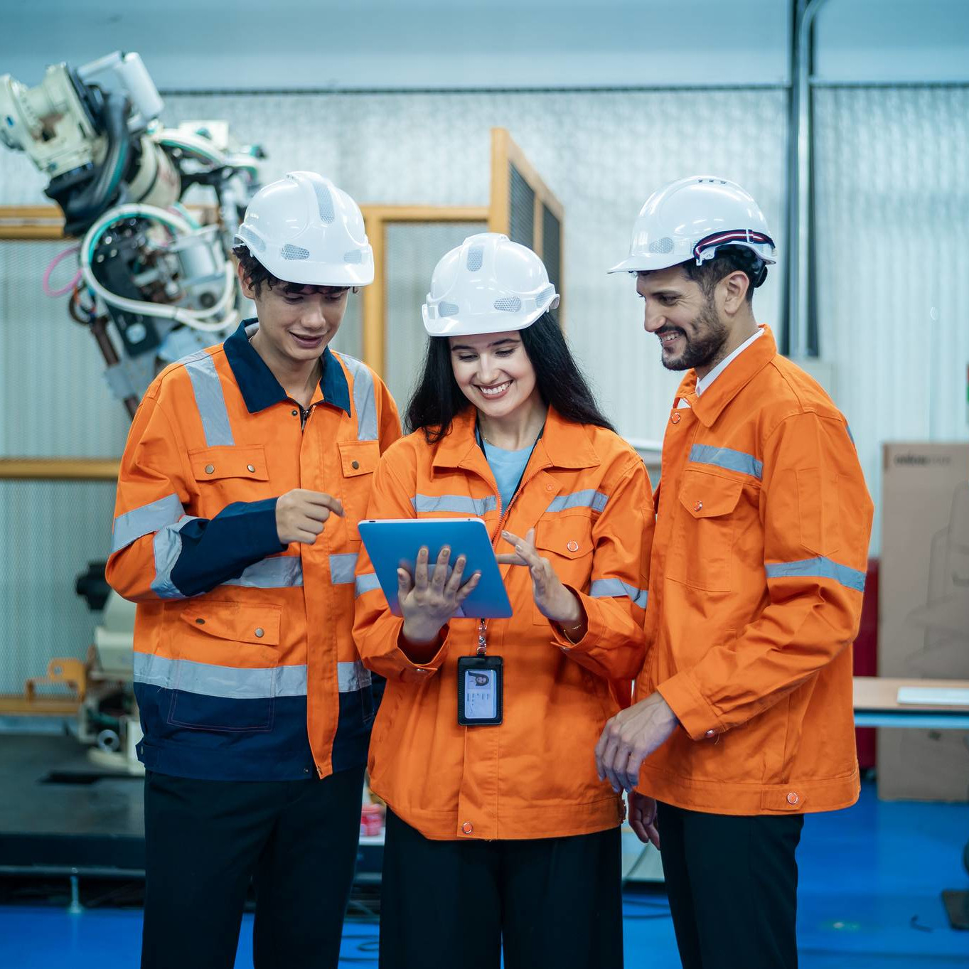 Electricians reviewing certifications on a tablet on the job site
